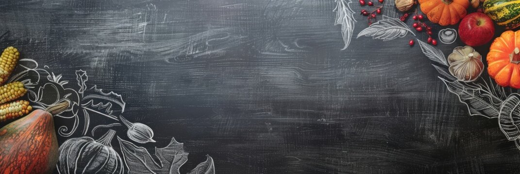 A banner with a chalkboard texture background, designed with chalk - like drawings of Thanksgiving elements and plenty of room for adding personalized messages