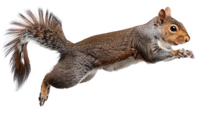 Cute fluffy grey squirrel perched on a transparent background