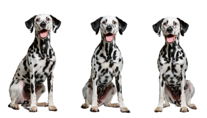 Isolated purebred Dalmatian puppies sitting on a transparent background, playful and cute pets with black spots