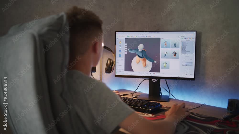 Poster young designer creates and draws clothes using pc. interface of professional 3d modeling or design s