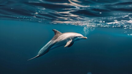 Fototapeta premium A dolphin swims gracefully beneath the surface of the ocean. The serene blue water enhances the beauty of this marine creature. Perfect for nature and wildlife enthusiasts. AI
