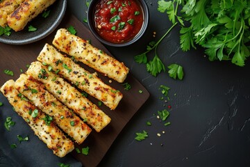 Crispy and savory cheese sticks with marinara dipping sauce, placed on the right side of a dark stone table. Professional overhead shot showcasing the appetizing detail.