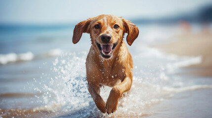 Playful Dog Splashing Water as It Runs Along the Sandy Beach