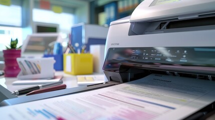 Fototapeta premium A close-up of a high-tech office printer, with a freshly printed document coming out and other office supplies in the background.