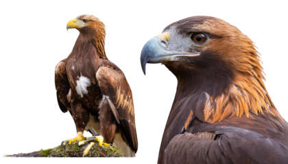 Isolated red-tailed hawk with white head and black eye, sharp beak, and brown feathers, hunting in the wild
