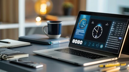 A close-up of a modern desk clock on a desk, with a laptop showing a time-tracking app and a notebook nearby