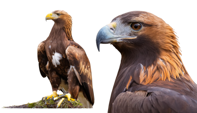 Isolated red-tailed hawk with white head and black eye, sharp beak, and brown feathers, hunting in the wild