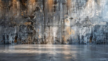 Obraz premium A stunning portrayal of an urban industrial backdrop, featuring beautifully weathered, textured metal walls and a reflective polished concrete floor that captivates visually.