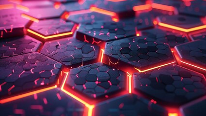 A mesmerizing floor of hexagonal tiles illuminating in vibrant red light, creating a stunning visual interaction of color, shape, and technological elegance on a dark backdrop.