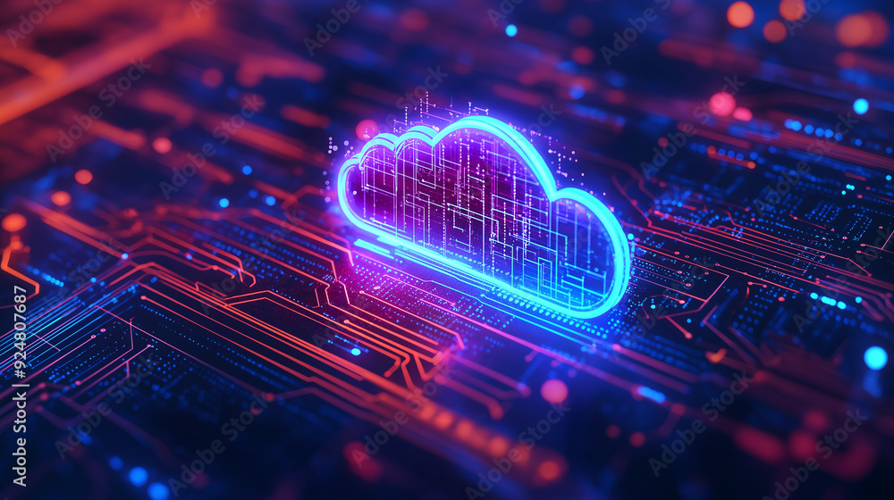 Poster digital cloud security with neon circuitry for data protection