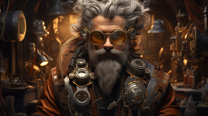 Fototapeta premium Bearded Man With Steampunk Gear Surrounded By Vintage Mechanical Devices And Dim Industrial Lighting