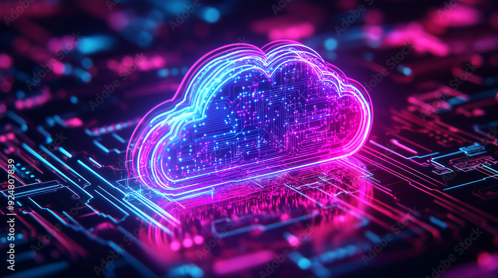 Poster neon cloud security icon with digital circuit design for data protection, data protection with neon 