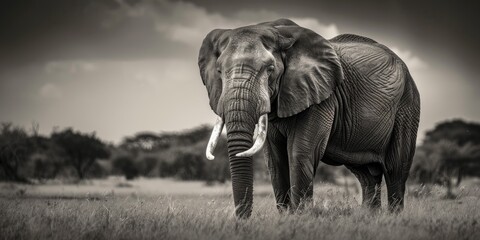 Fototapeta premium African bull elephant displaying wisdom calmness and grace in black and white averted gaze
