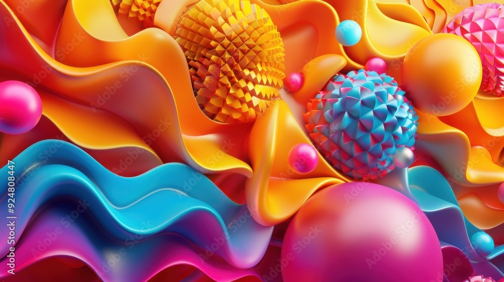 Poster a vibrant abstract composition with colorful shapes and textures, featuring spheres and wavy pattern