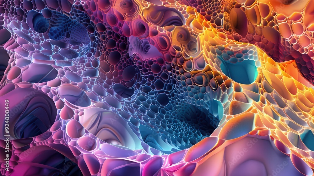 Poster a vibrant abstract composition showcasing colorful, fluid bubbles with intricate patterns. ideal for