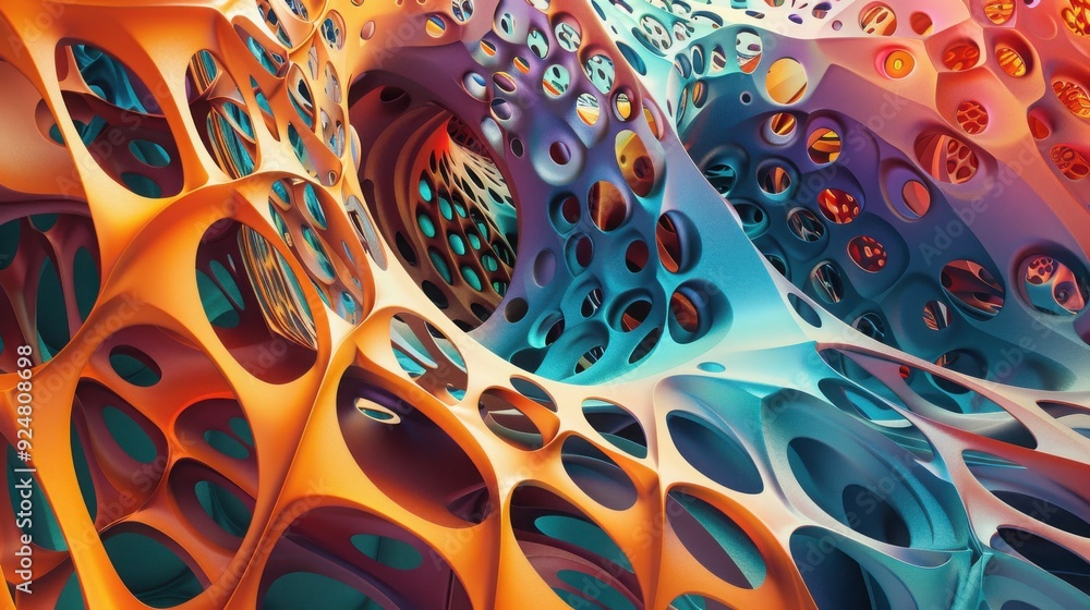 Poster a vibrant and abstract 3d rendering showcasing organic shapes and dynamic colors, perfect for creati