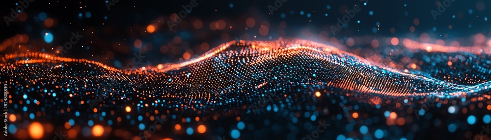 Poster a mesmerizing wave of glowing particles flowing in vibrant hues, creating an ethereal digital landsc
