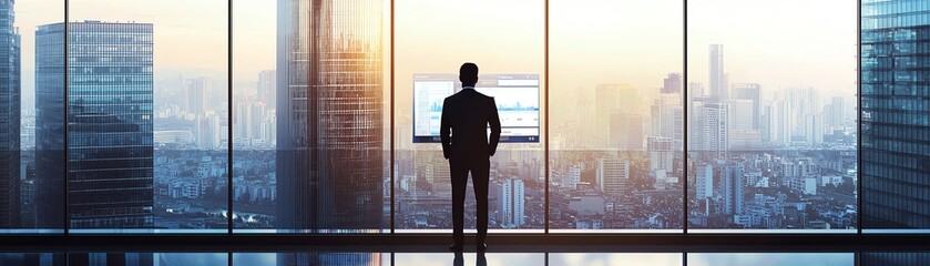 Fototapeta premium A silhouette of a businessman standing by a large window, gazing at a stunning city skyline during sunset.