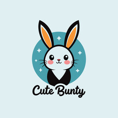 Happy bunny sitting rabbit looking logo icon vector with text cute bunny on light background
