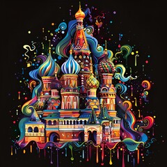 a vibrant and colorful interpretation of Saint Basil’s Cathedral at night