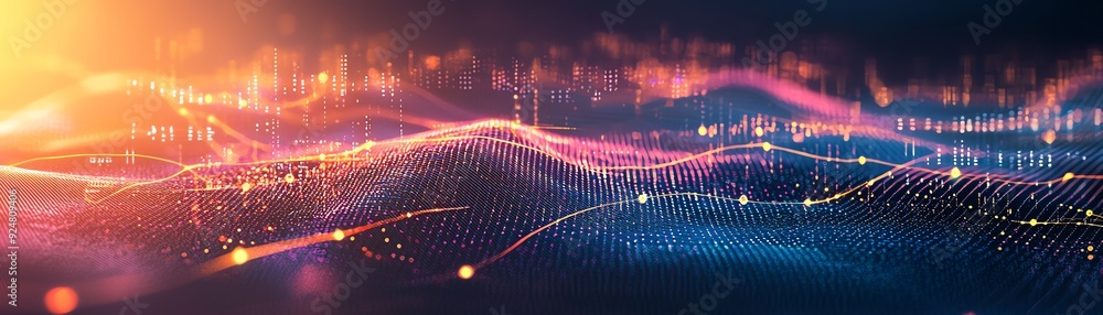 Poster abstract digital landscape with vibrant waves, illuminated dots, and bright hues creating a mesmeriz