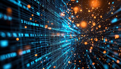 Obraz premium An abstract representation of data flow with blue light trails and orange sparks symbolizing digital connectivity and innovation.