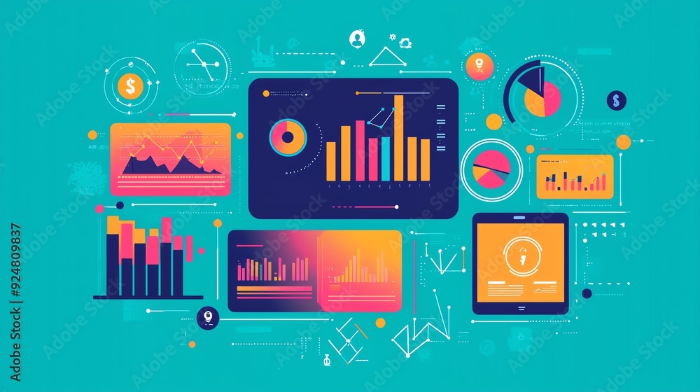 Poster colorful data visualization with graphs and charts on digital screens, ideal for business and analyt