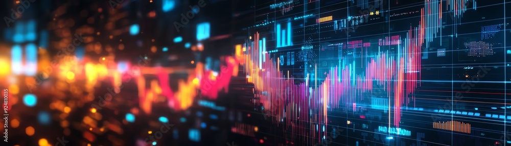 Poster dynamic digital visualization with trading graphs showcasing market trends and vibrant colors in a f