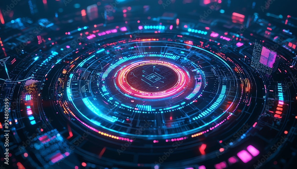 Poster futuristic abstract background featuring vibrant neon lights in a circular pattern, ideal for techno