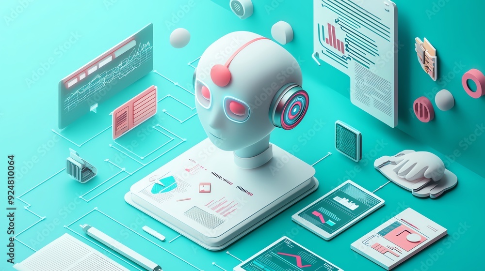 Poster futuristic ai concept with a robot head, data charts, and digital interfaces, showcasing technology 