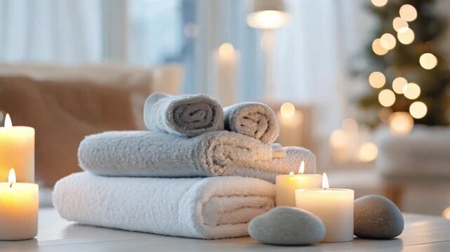 Rolled towels sit beside softly glowing candles and smooth stones in a cozy spa setting, enhanced by a warm holiday ambiance with twinkling lights.