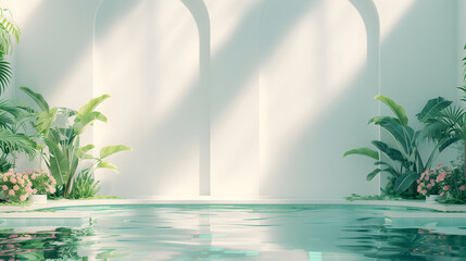 A beautiful pool surrounded by arches with beautiful plants