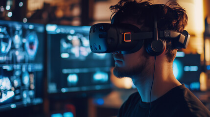  virtual reality game developer testing a VR headset, with digital worlds visible on monitors in the background