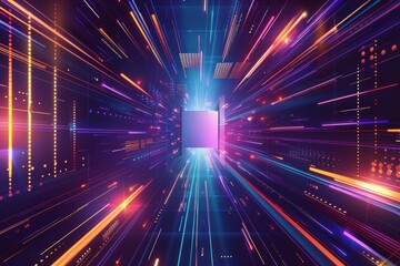 Fototapeta premium Abstract 3d illustration of a vibrant neon tunnel leading to a bright square portal