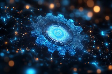  Digital 3d gear icon with binary code, artificial intelligence in system setting optimization, automation workflows, software customization options, and personalized user interfaces design 