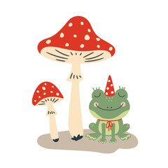 cartoon frog sits under fly agaric mushrooms, cute flat style