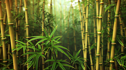 Serene Bamboo Forest in Morning Light, Tall Stems and Green Leaves