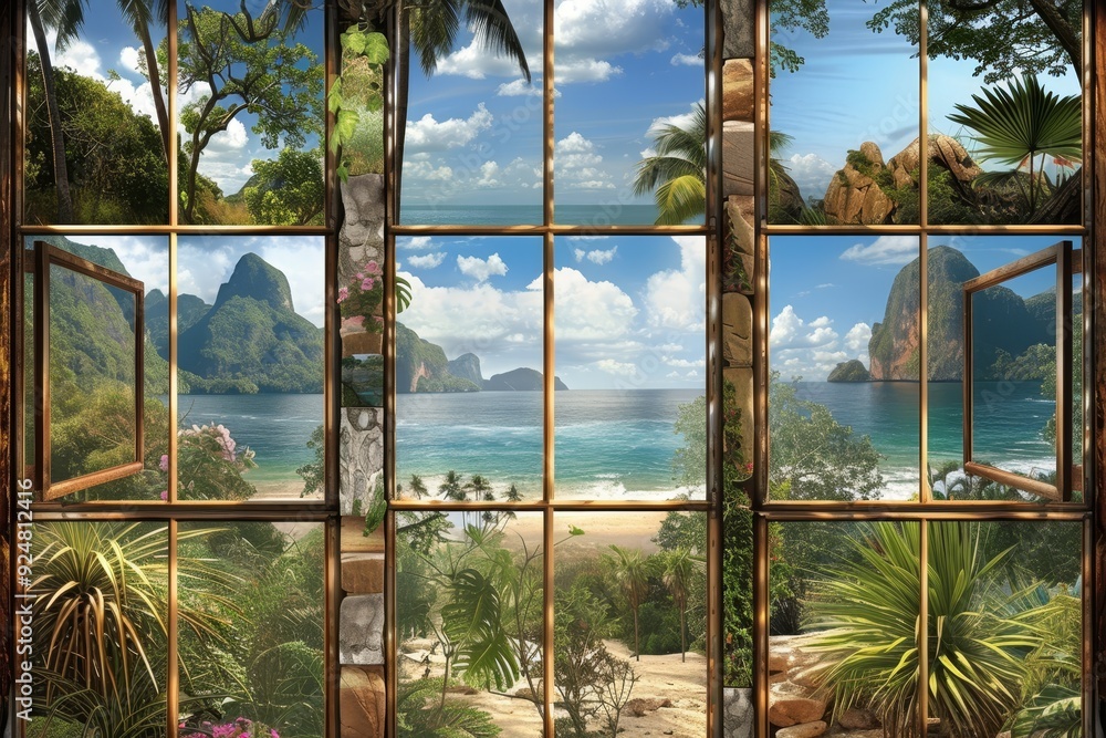 Poster room with lot of windows and tree, montage of png images, each window to different perspective