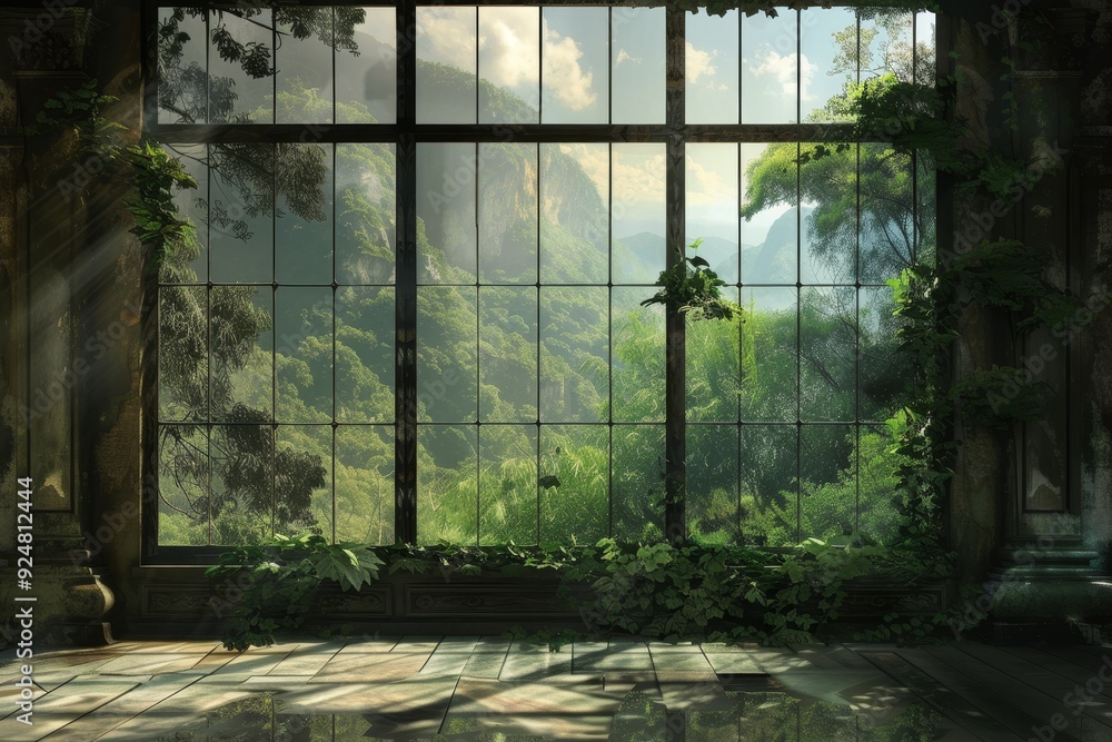 Poster room with lot of windows and tree, montage of png images, each window to different perspective