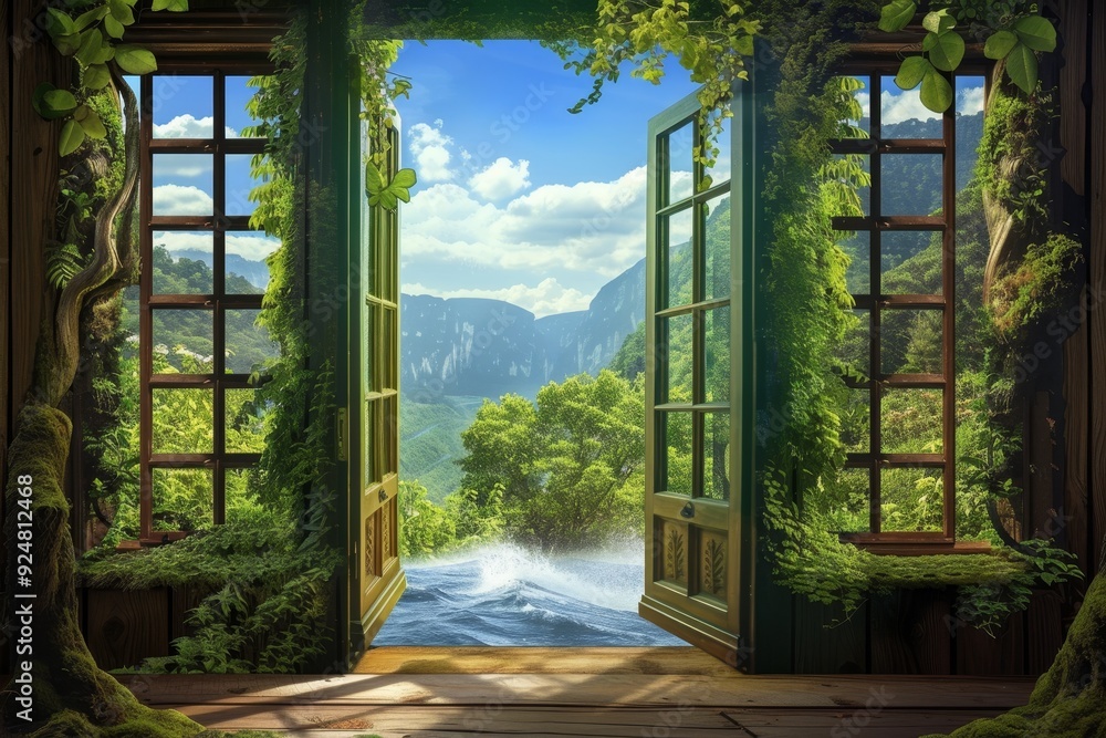 Aufkleber room with lot of windows and tree, montage of png images, each window to different perspective
