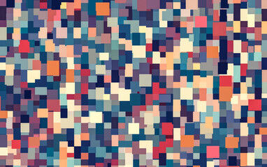 Pixelated squares dance in a retro palette, forming an abstract, blue, orange, and red mosaic.