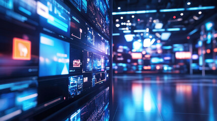 Fototapeta premium Newsroom Studio Background Featuring Digital Screens and Broadcasting Equipment