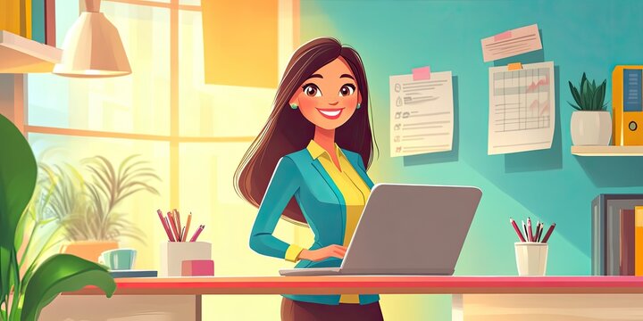 Cheerful cartoon Asian businesswoman with laptop in a colorful modern office finance theme vertical image