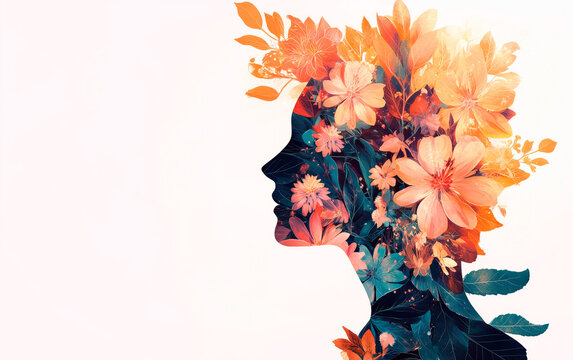 Illustration banner design of woman profile made of colorful flowers with copy space. Knowledge, logic, beauty, memory and therapy concept. Header with the concept of mental health.