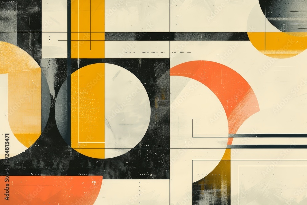 Poster painting with lot of different shapes, an abstract background with geometric shapes and bold lines