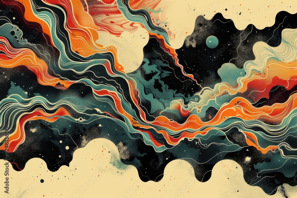 Poster abstract art with wavy lines and scattered elements in space