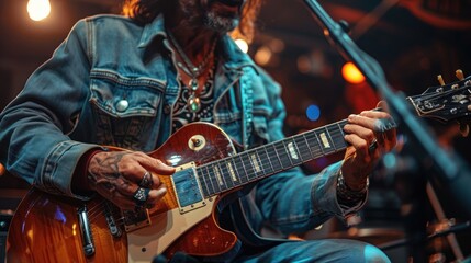 Man sitting play electric guitar on the outdoor concert