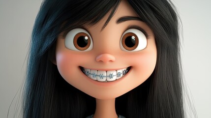 3D cartoon of a smiling teenage girl with braces and long black hair