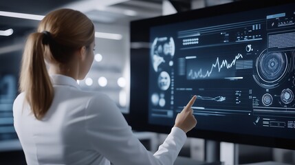 Decoding the Future: A female scientist analyzes complex data on a futuristic transparent screen, embodying innovation and technological advancement.