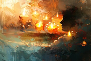 painting of boat in the water with flames coming out of it, An abstract painting portraying person relaxing in warm bubble bath surrounded by scented candles